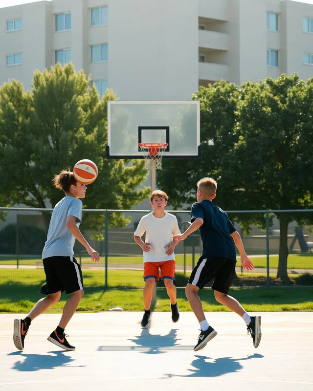 Teenagers playing a pickup basketball game on an outdoor court in afternoon sun