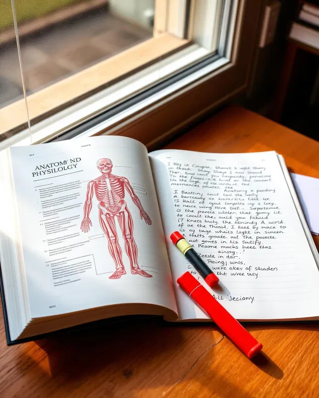 An open anatomy and physiology book with handwritten notes on a desk by a window