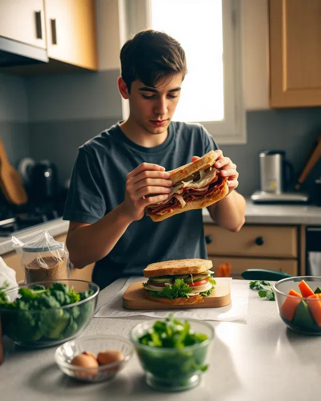 A young man building a sandwich on a home kitchen counter in warm window light