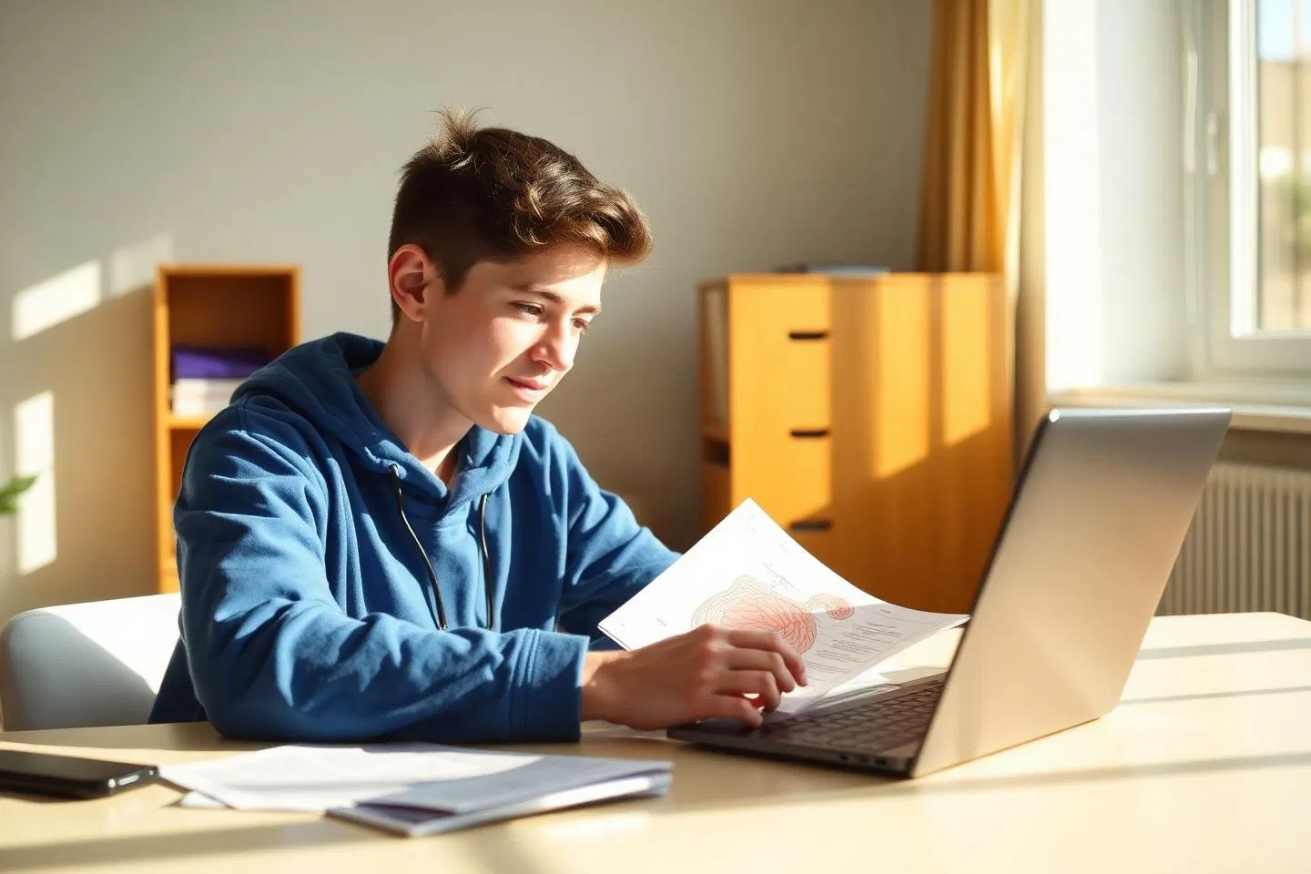 A young adult studying health science notes at a sunlit desk with a laptop