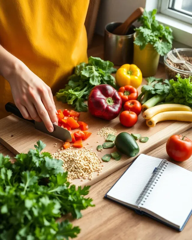 Fresh vegetables, grains and herbs being prepped on a wooden cutting board beside a notebook