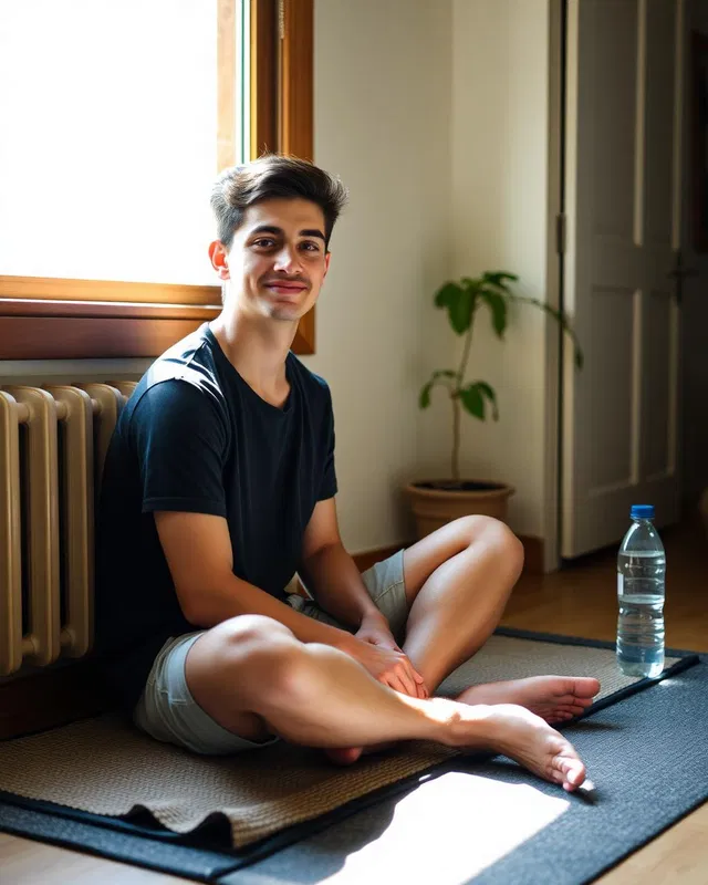 A young man sitting calmly on a mat beside a bright window in an ordinary home