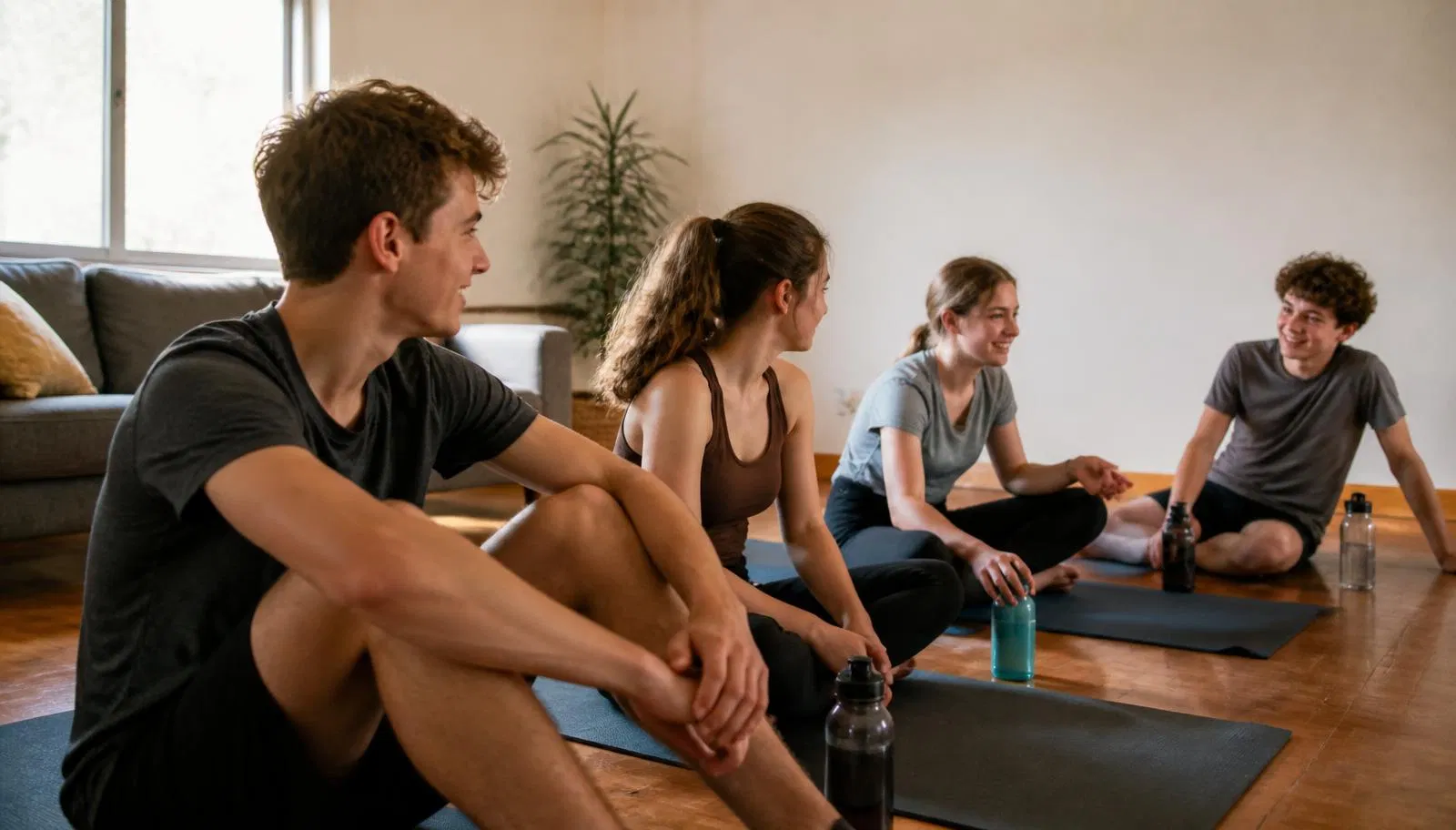 A teenager talking with friends on yoga mats in a living room after a short breathing session