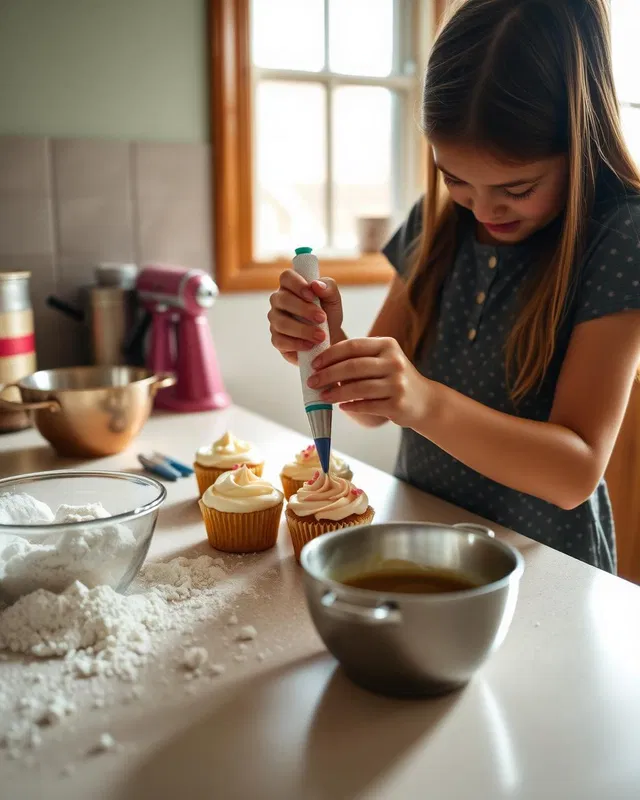 A student decorating cupcakes on a home kitchen counter in warm window light