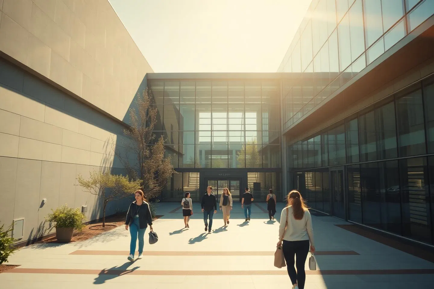 A sunlit modern university campus courtyard with students walking between buildings
