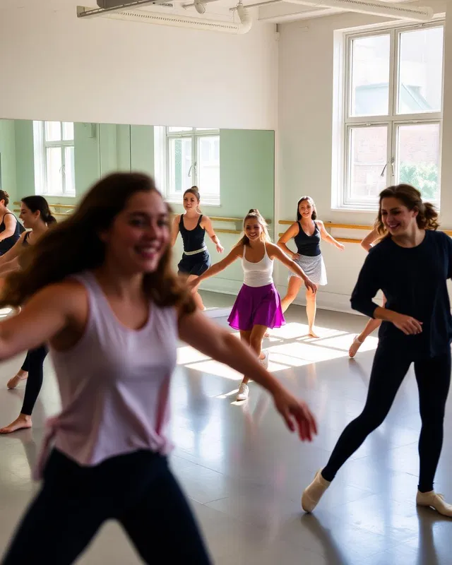 Teenage dancers rehearsing in a sunlit school dance studio