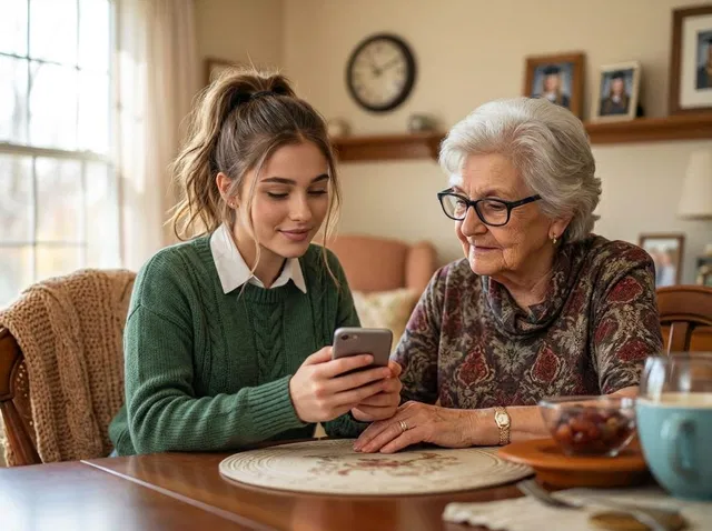A student sitting with her grandmother, showing her something on a phone