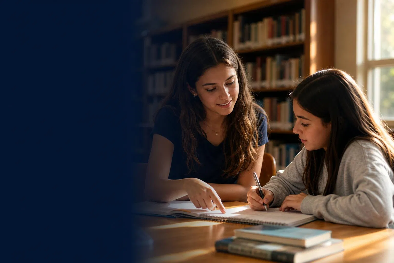A 16-year-old high school girl tutoring a younger student at a sunlit school library table