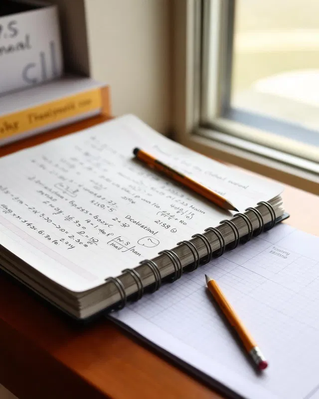 A math notebook of handwritten equations and a pencil on a desk by a window