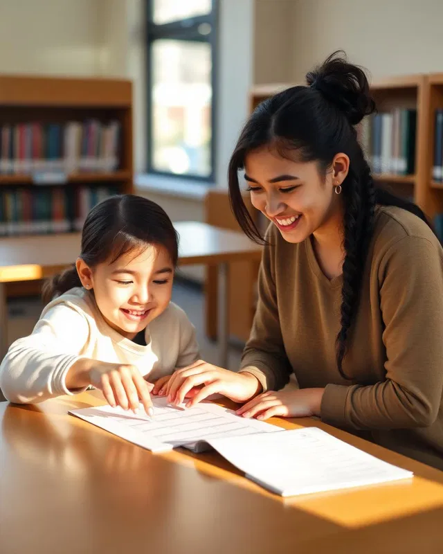 A high school student tutoring an elementary-school child at a library table