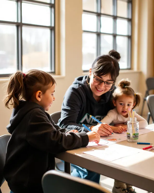 A teenage volunteer helping young children with an activity at a community center table