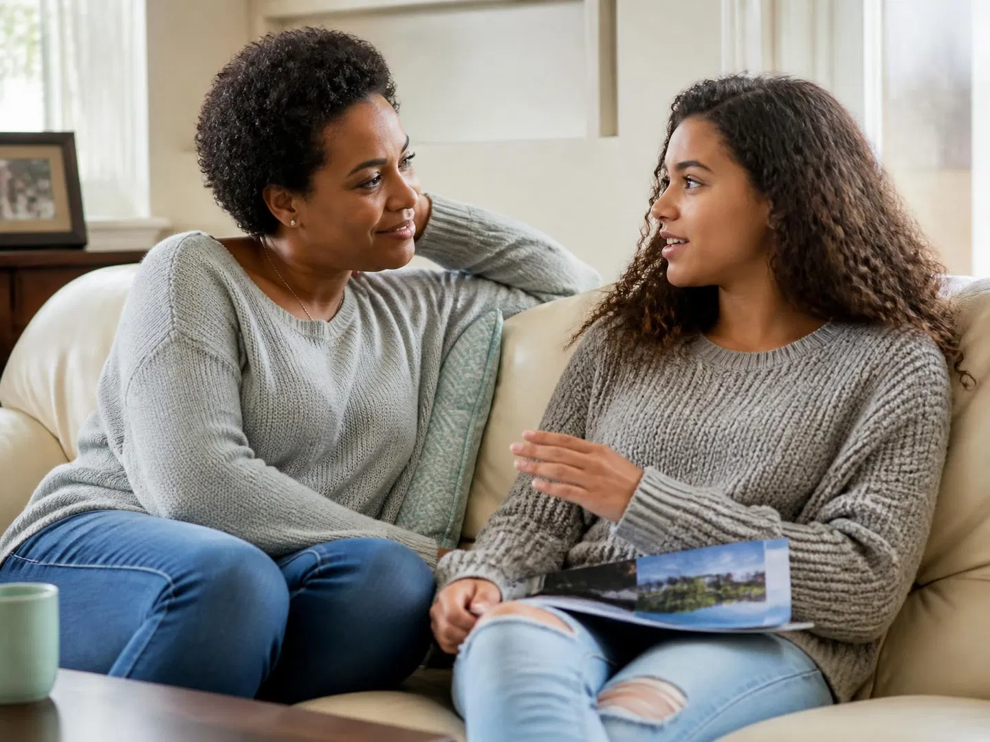 A parent and teenager talking at home