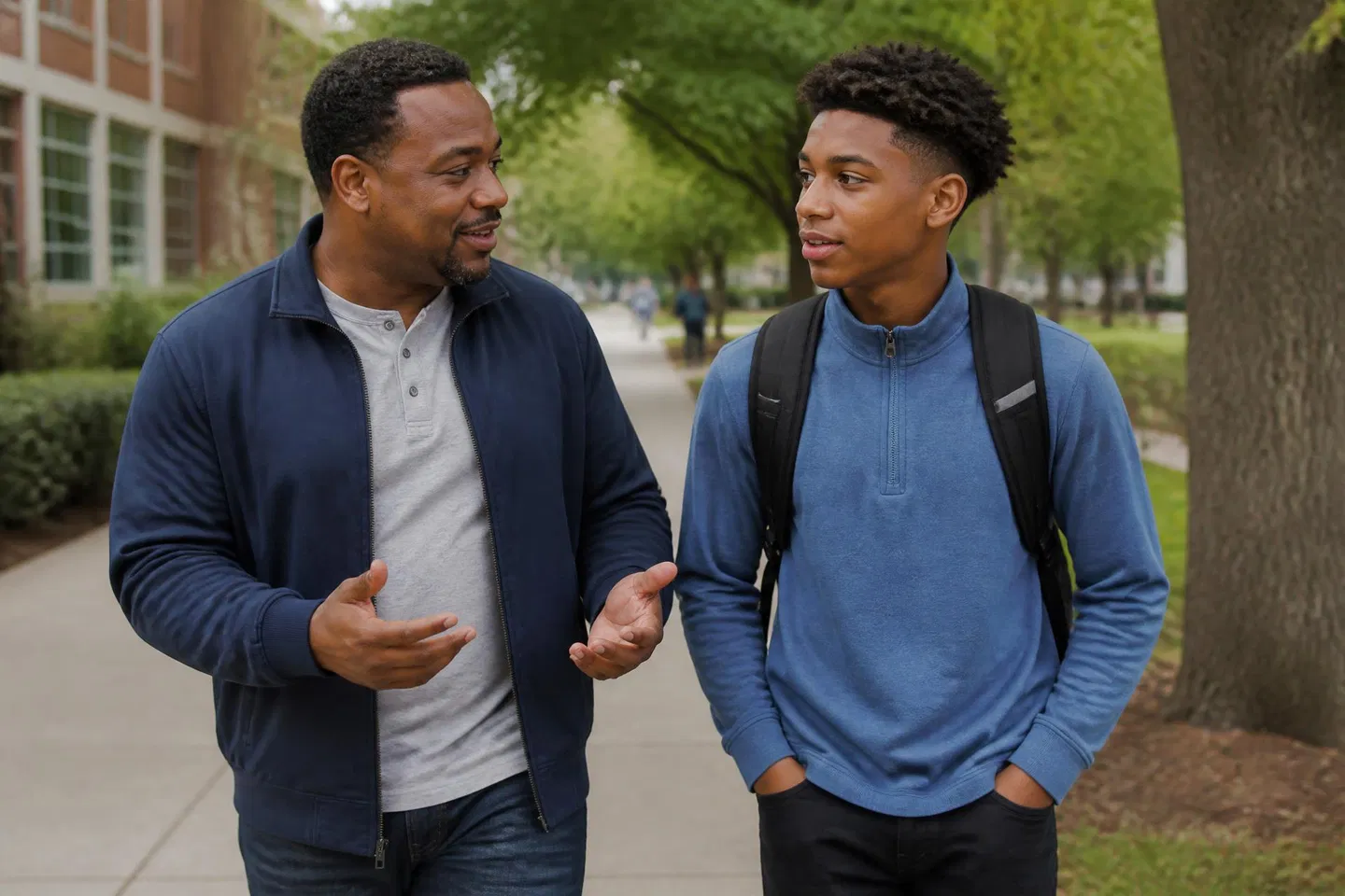 A parent and their high school student walking and talking together