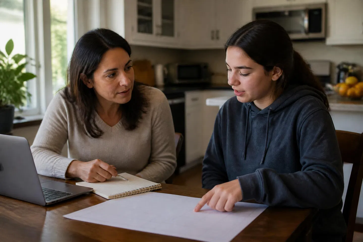 A parent and high school student planning together at a kitchen table