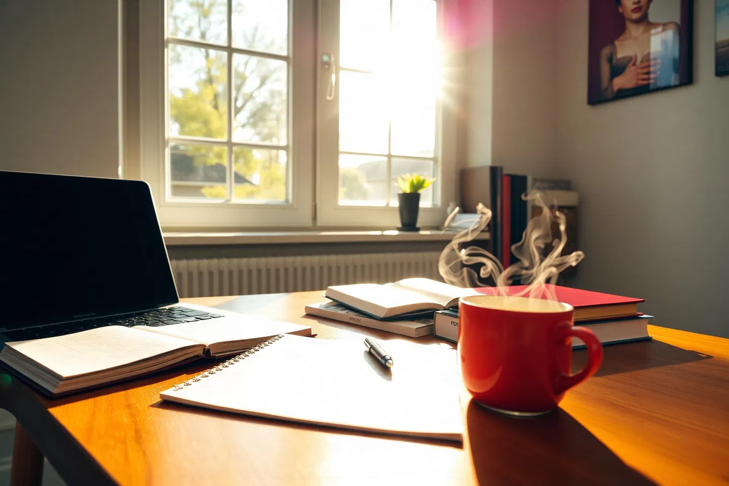 Sunlit study desk with notebooks, laptop, and a cup of tea