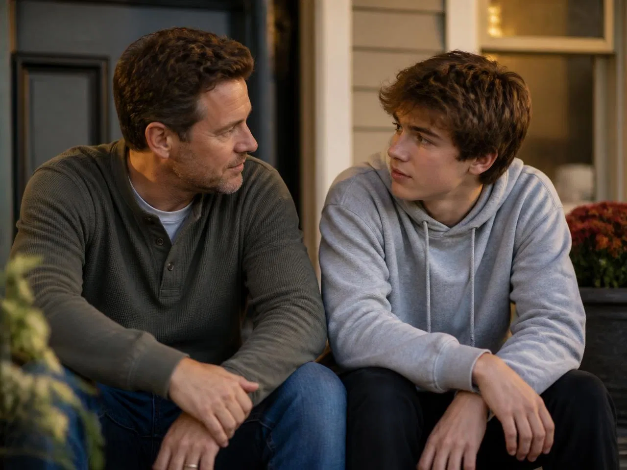 A parent and high school student sitting together having a conversation