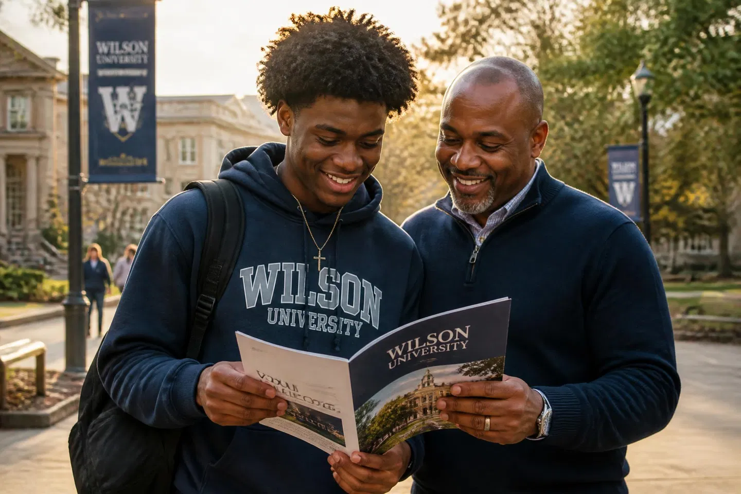 A high school senior and a parent looking at college materials together on campus