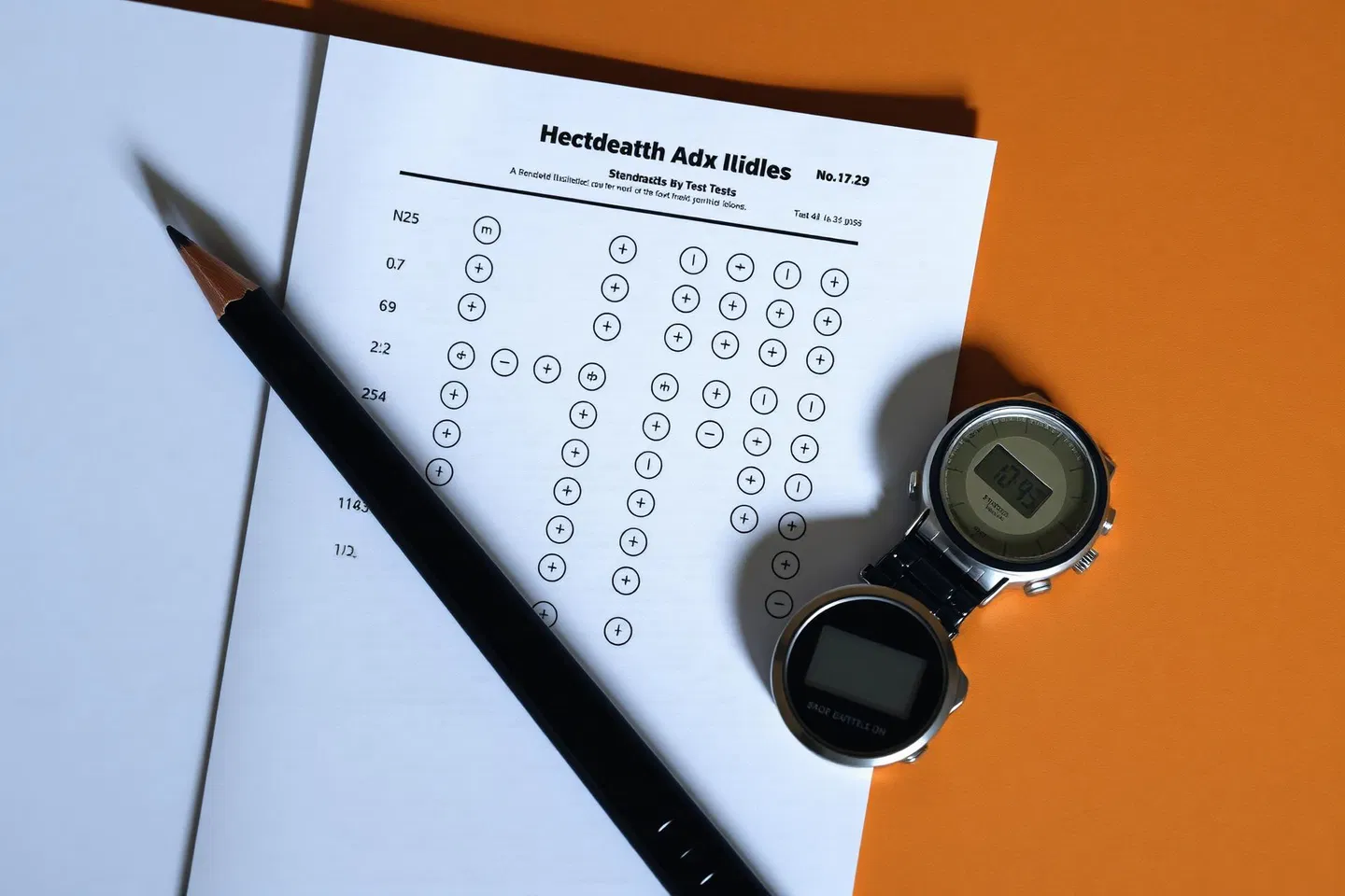 Standardized test bubble sheet with pencil and watch