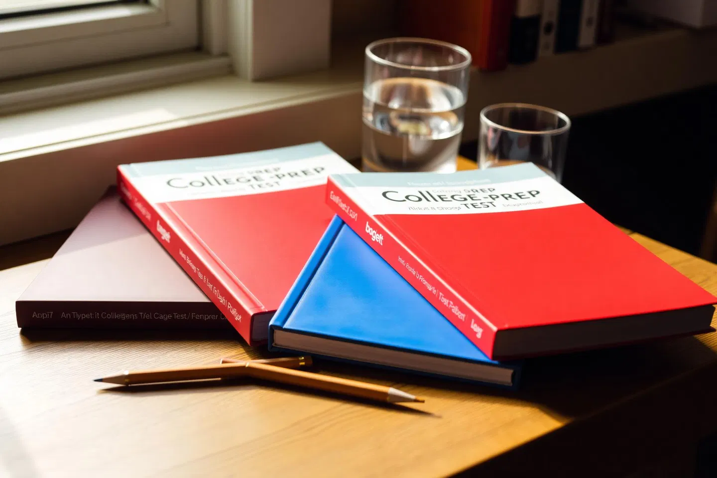 Two college-prep test books on a desk