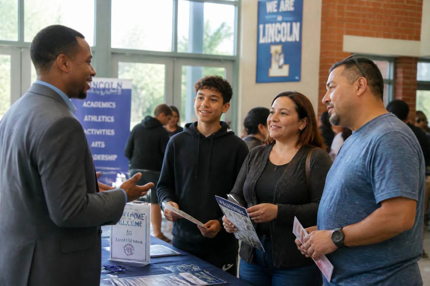 An educator speaking with a family at a high school information night