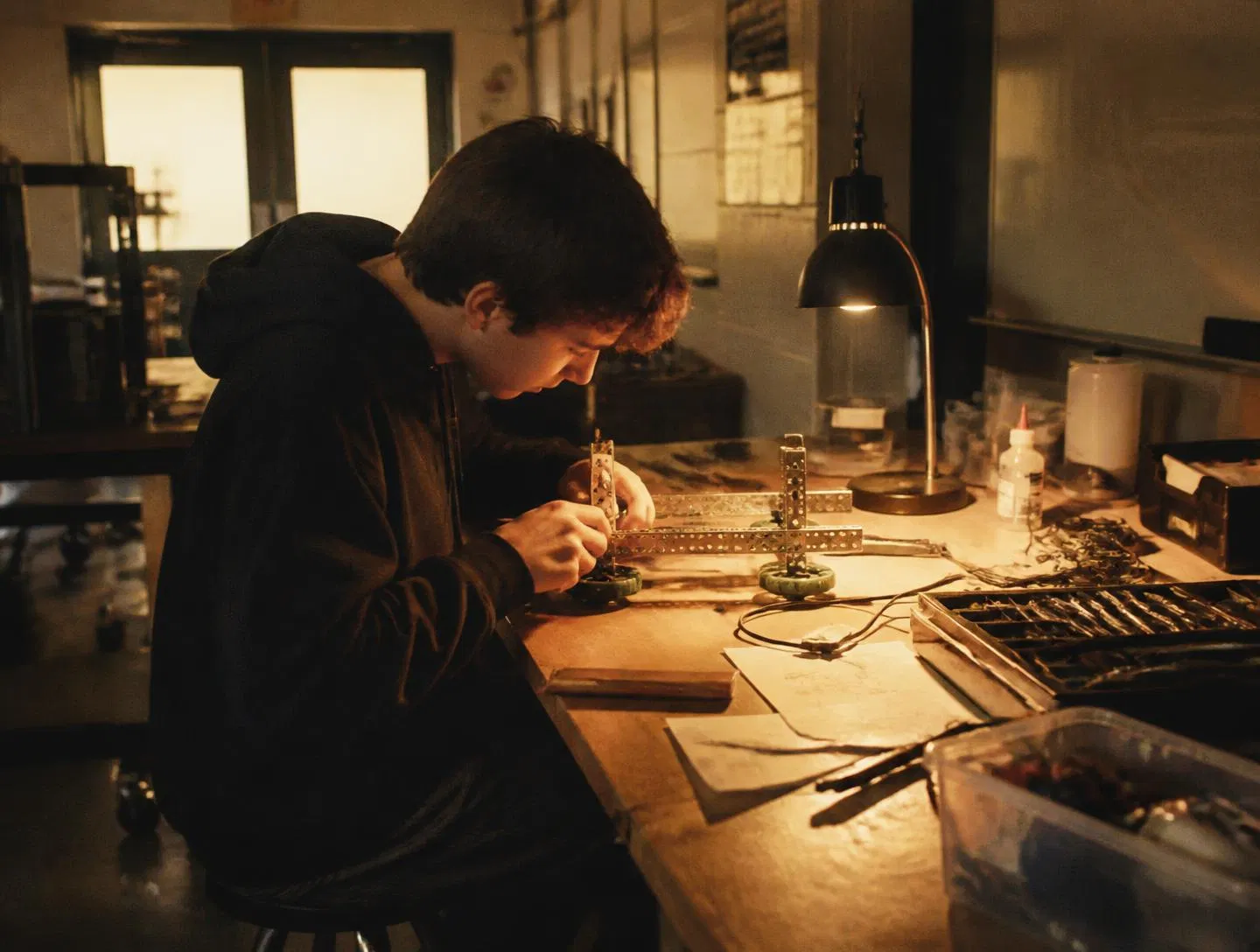 A high-school student working late on a project in a school workshop
