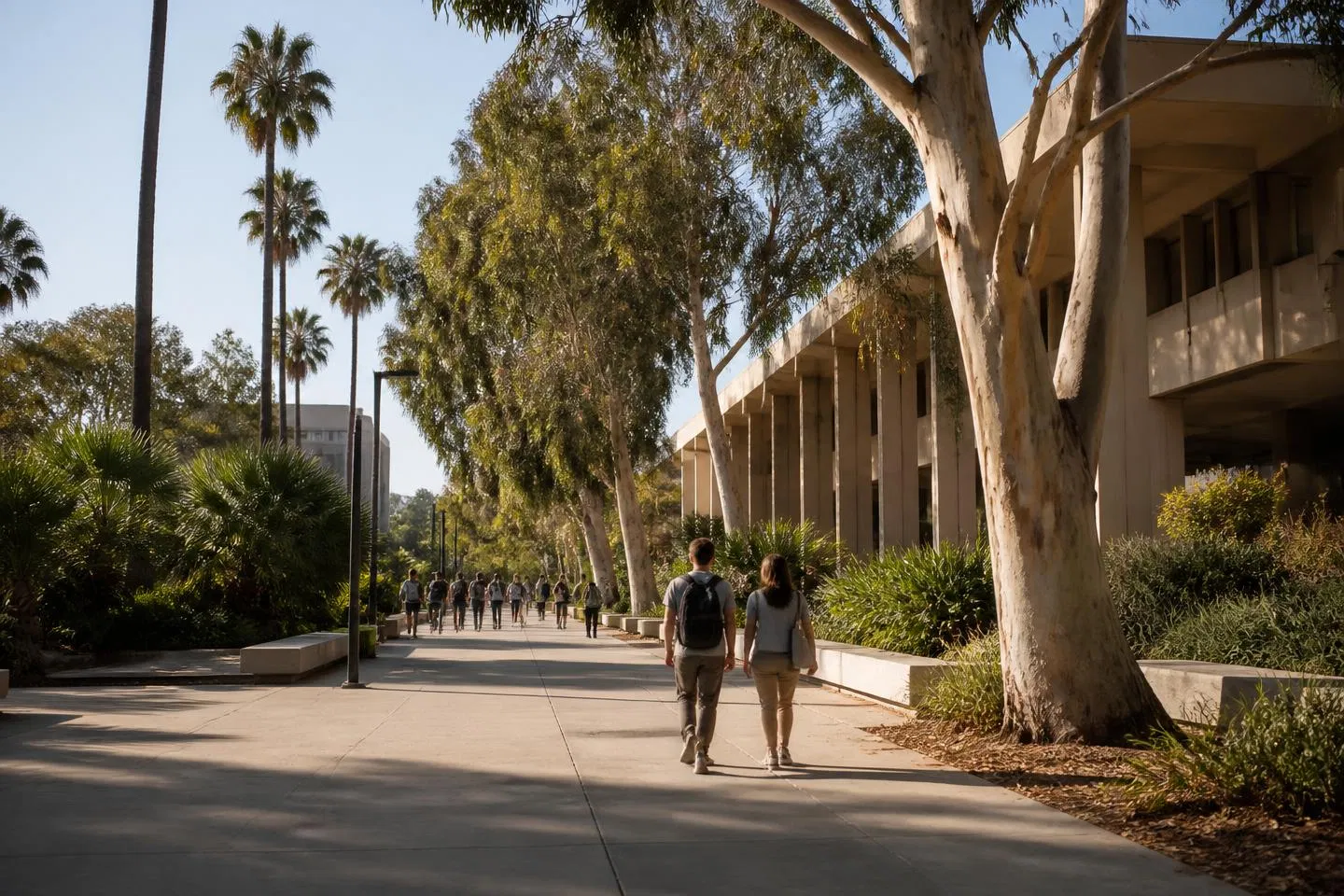 A sunlit university campus walkway lined with trees