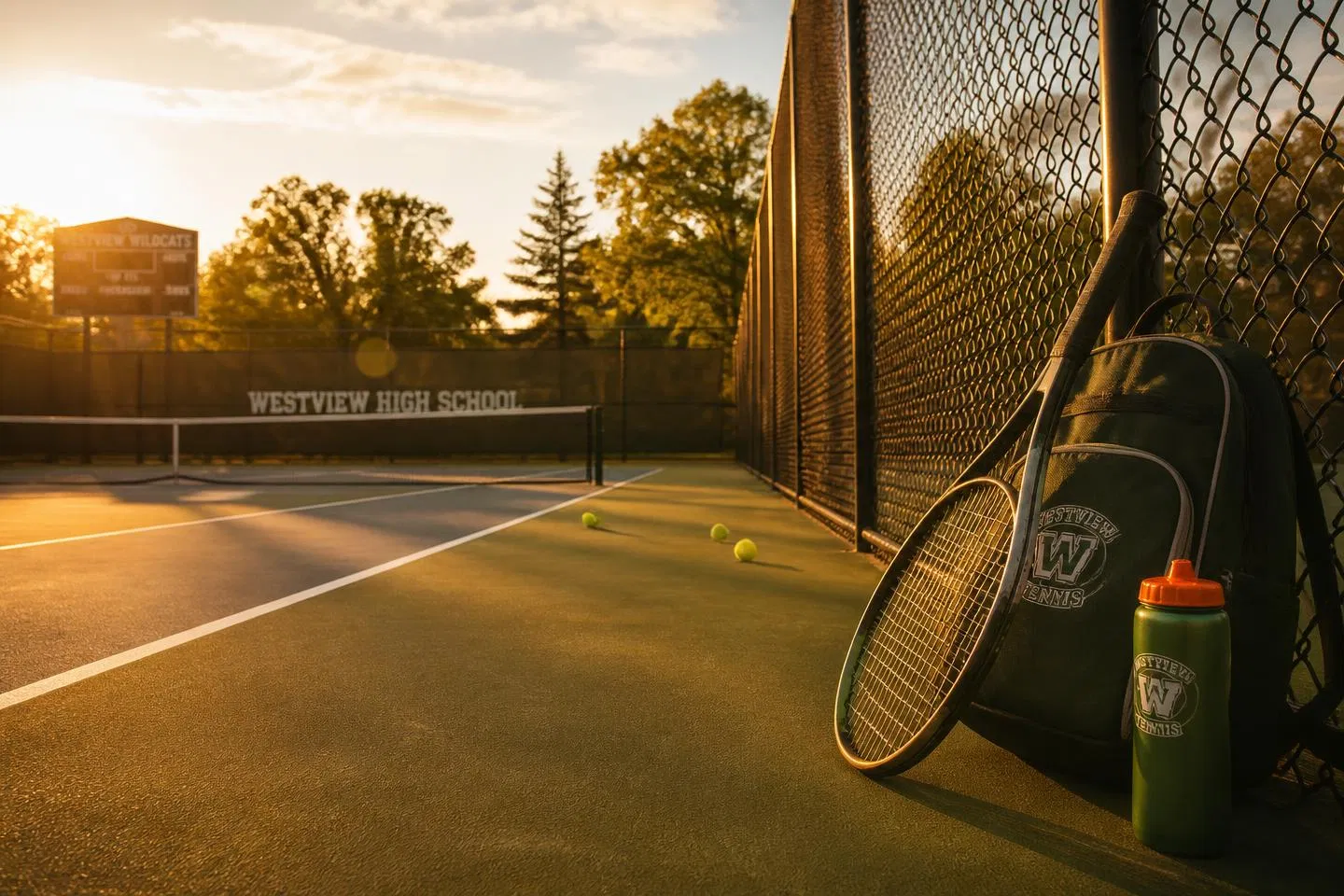 Late-afternoon light on an outdoor tennis court, a racquet and bag by the fence, suggesting practice energy