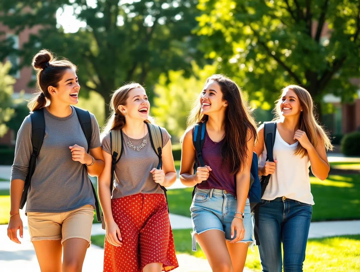 A high-school senior laughing with friends as they walk across campus