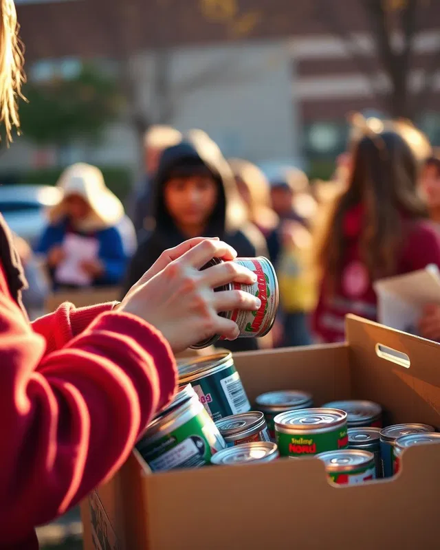 A student stacking canned goods into a donation box at a community food drive