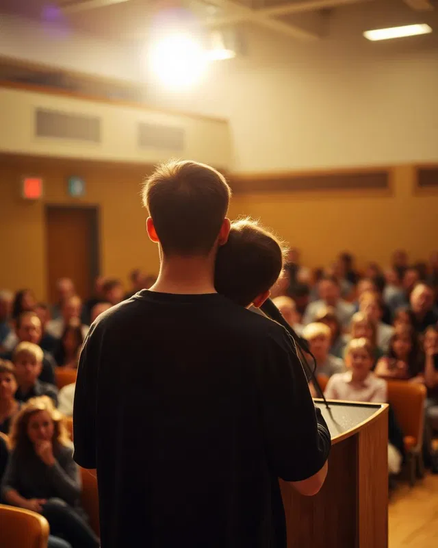 A student seen from behind at a podium addressing classmates in a school auditorium