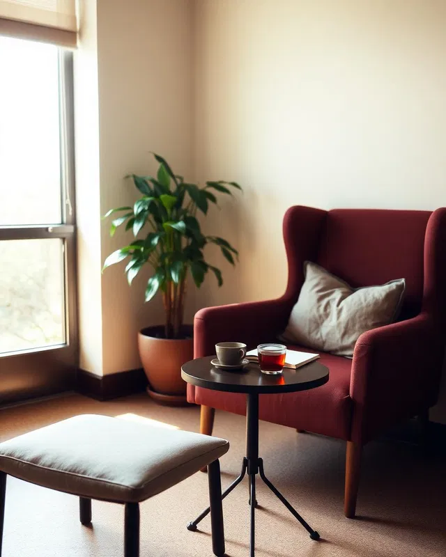 A quiet school wellness corner with a journal and tea on a small table in soft window light