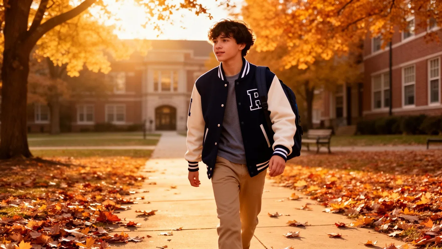 A high-school student walking across campus between classes
