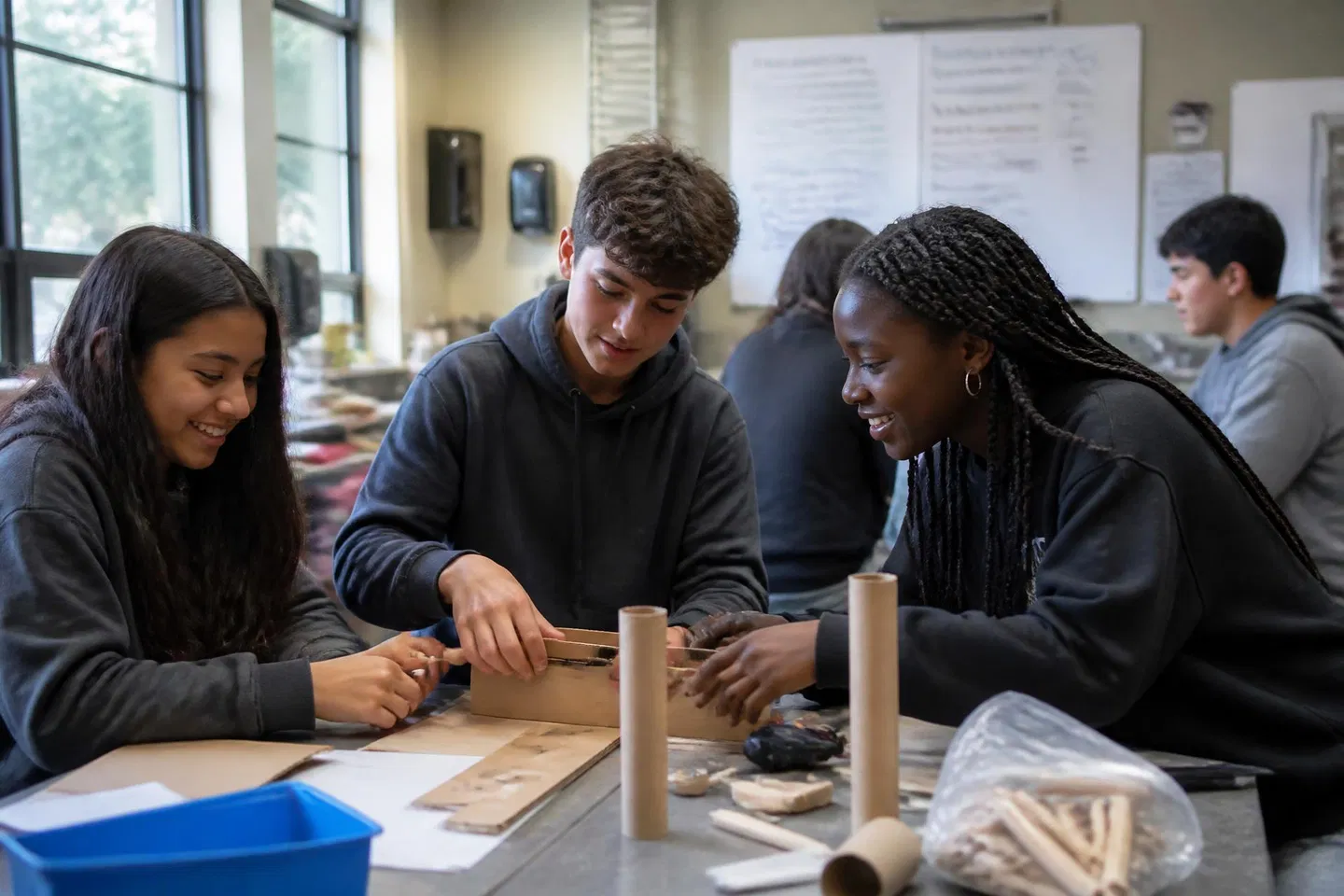 High school students collaborating on a project in an after-school club